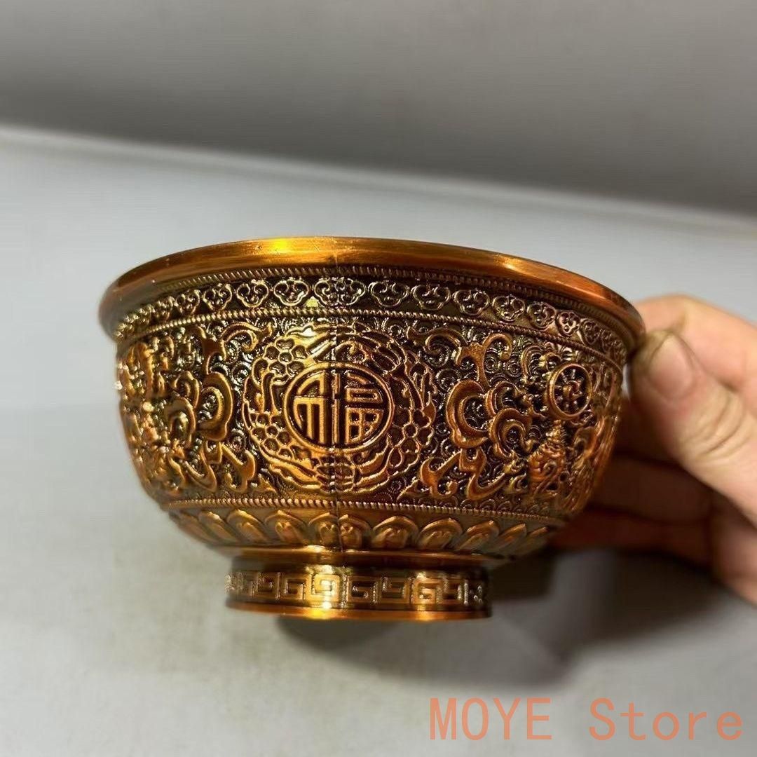 銅 細工 レリーフ金色福碗 茶碗 装飾品 工芸品 置物zw0829