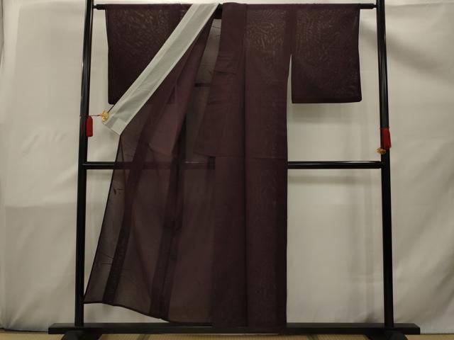 平和屋着物＊夏物 色無地 絽 流水舞葉紋紗 似せ紫色 正絹