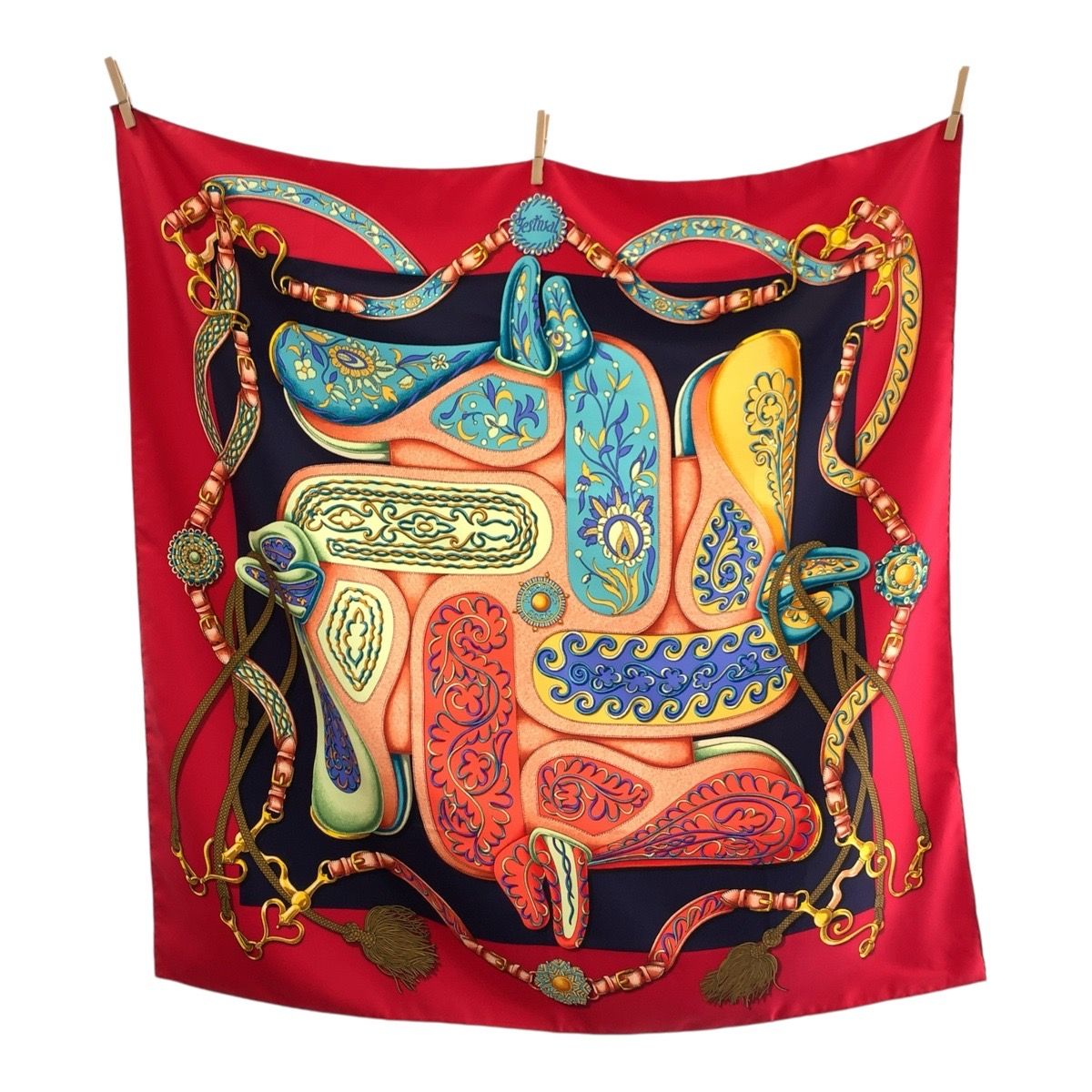 美品 HERMES エルメス Festival カレ90 レッド マルチカラー