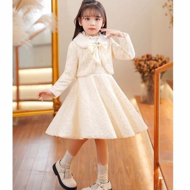 即納】110cm 女の子 白ツイードフォーマルスーツセットアップ クリーム