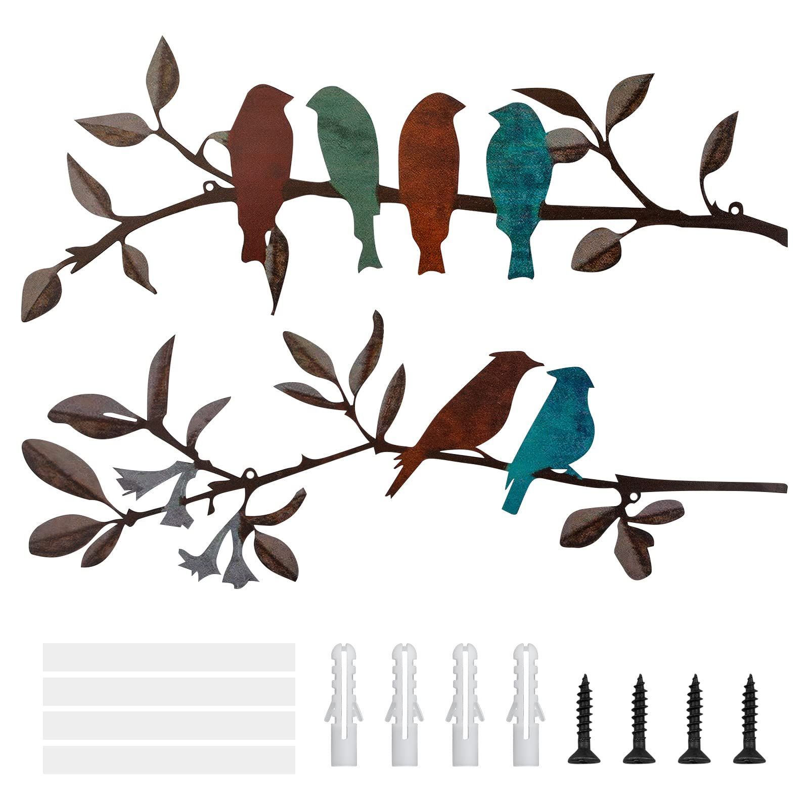 鳥と葉をぶら下げる 屋外の壁の装飾 枝の壁の装飾の鳥と鳥 UFURMATEメタルバードウォールデコレーション 素朴な鳥の装飾リーフウォールデコレーションメタルオーナメントバードウォールアート