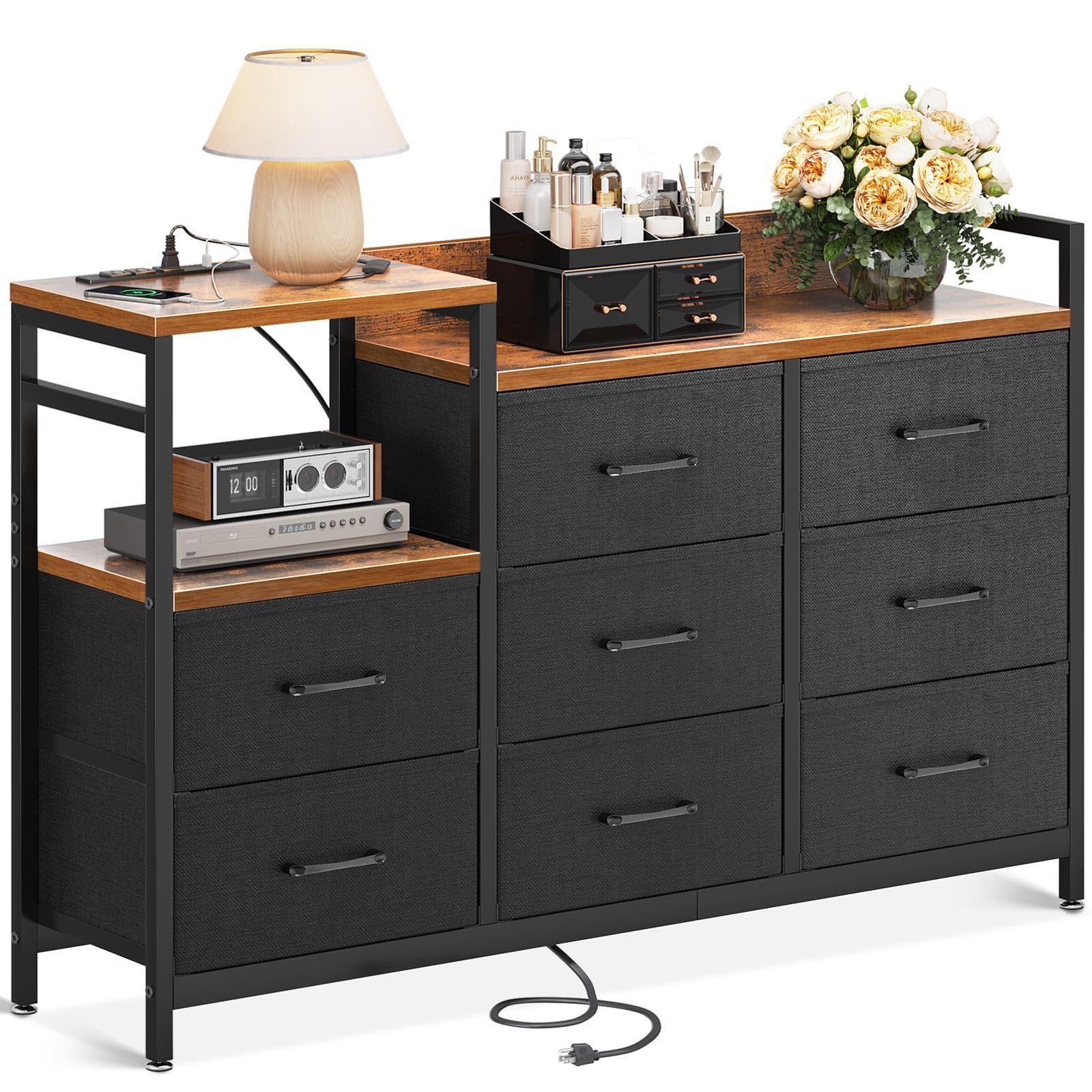 チェスト タンス 収納ケース 引き出し 衣類収納 リビング収納 布製 KKL 引き出し付き 衣装ケース 箪笥 転倒防止 安定感 3段8杯 ビンテージ＋ブラック 幅132×奥行30×高さ88cm