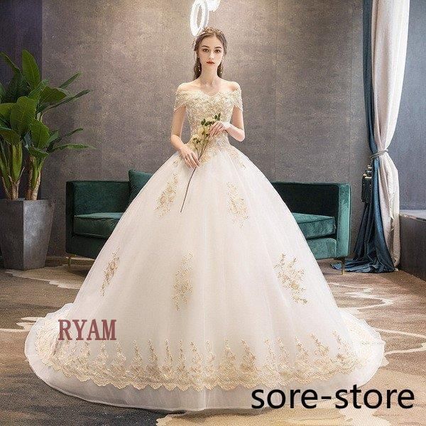 ウェディングドレス白 パーティードレス レース オフショルダー 花嫁ロングドレス 簡約 結婚式 露背 二次会 お呼ばれ 挙式 姫系hs5162LYX今季トレンド