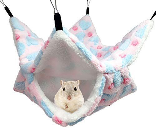 M_ピンク AmzBarley 小動物用ハンモック ハムスター二重層 2サイズ：34*34cm20*20cm小動物 ハンモック フェレット 保温 ふわふわ ペット ハンモック ハンモック 冬用 小動物 ケージ内装 取り付け簡