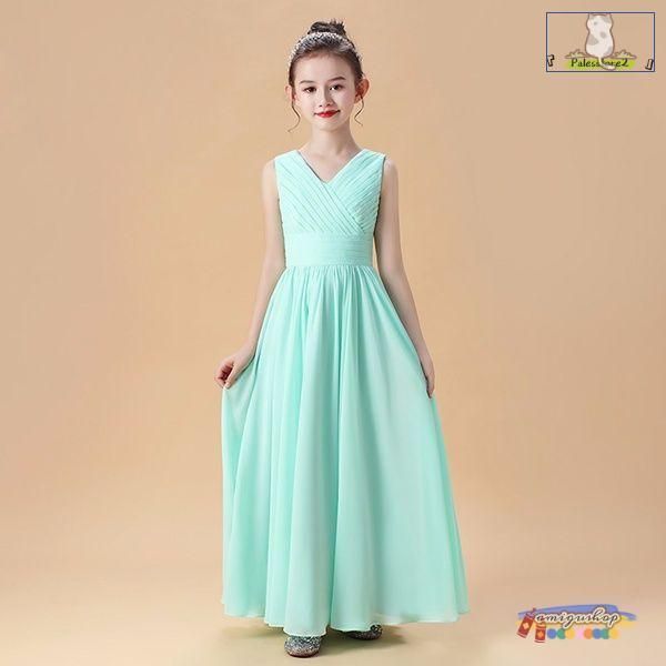 【上品で大人気♪】ピアノ発表会 ドレス 中学生 ワンピース ジュニアドレス 子供ドレス シンプル ネイビー ロング丈 グリーン シフォン お姫様 着やせ 上品 エ 毎日使い