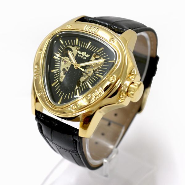 メンズ腕時計 自動巻き腕時計 ATW039-YGBK トライアングルケース フルスケルトン ゴールド 三角時計 レザーベルト 手巻き 機械式
