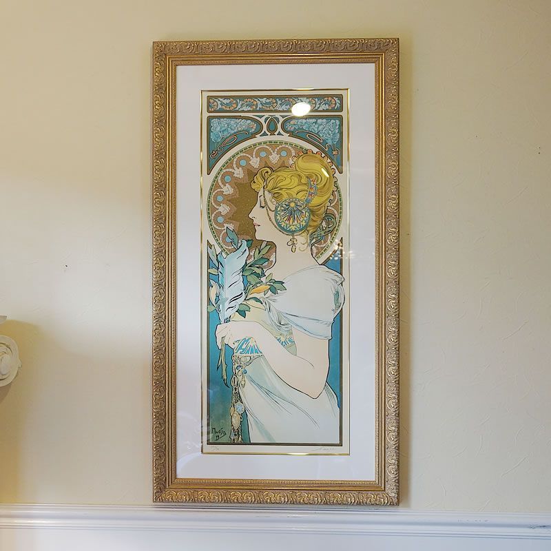 ヴィンテージ アルフォンス・ミュシャ画 「羽根ペン」シルクスクリーン ポスター Alfons Mucha ビンテージ 絵画 インテリア 壁掛け 絵画 額入り  - メルカリ