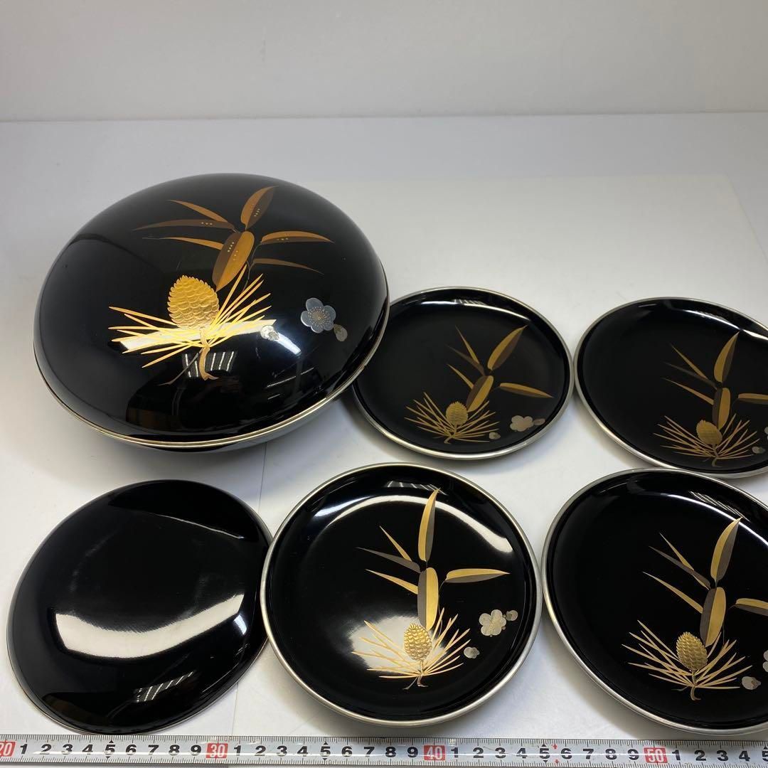 蒔絵 錫縁付 喰籠 皿セット 直径21.3|14.3㎝ 東な6-0723