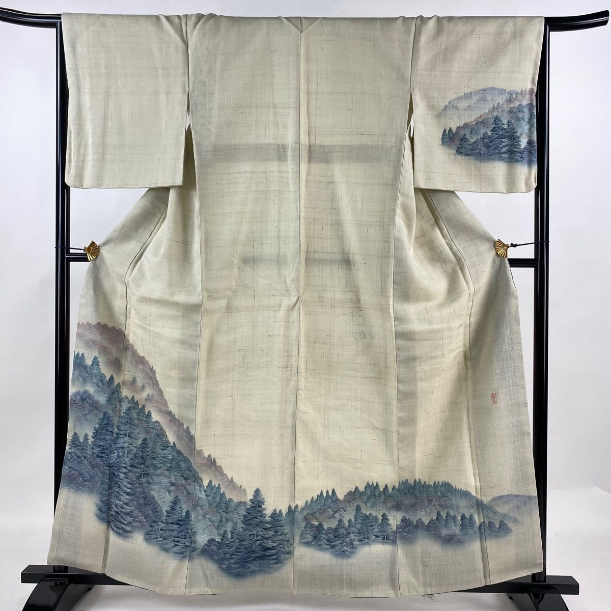 訪問着 身丈161cm 裄丈65cm M 袷 紬地 落款 風景 樹木 クリーム 正絹 秀品