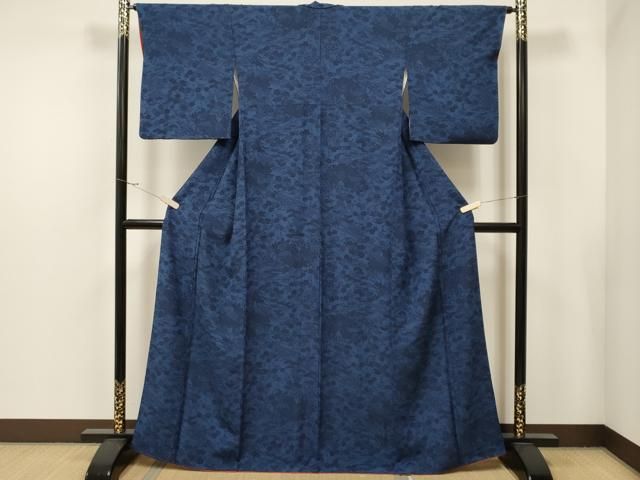 花美人高級着物□本藍 型絵染 花唐草丸文 小紋 鬼しぼ