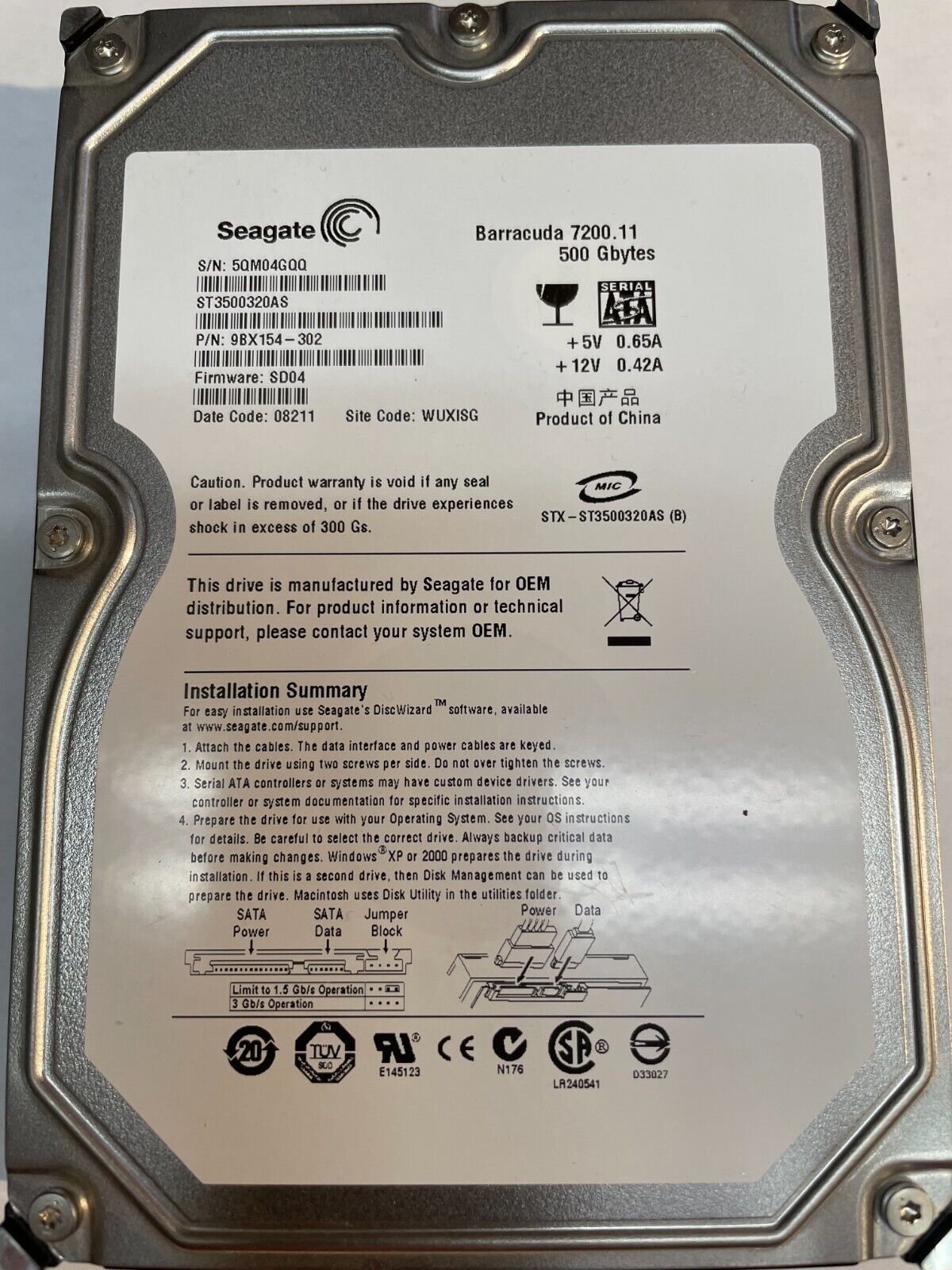 Seagate ST3500320AS 500GB SATA ハードドライブ