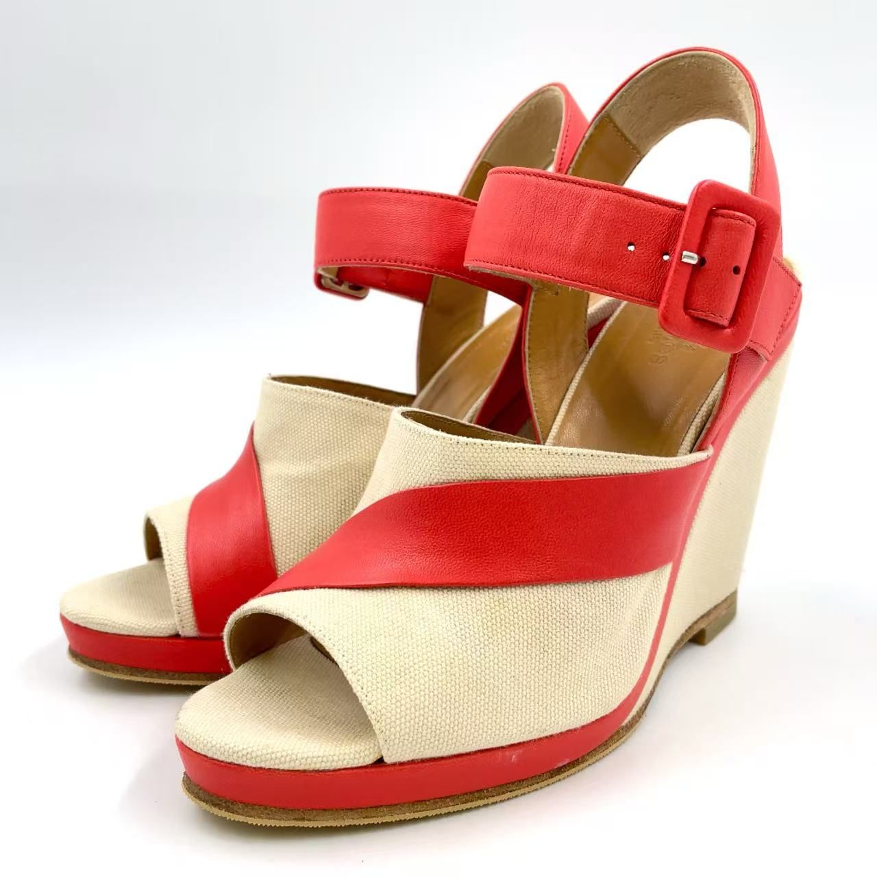 HERMES グラッド トワル ド コットン ブランド外ソール張り替え済 レザー×キャンバス コーラルピンク×ライトベージュ サンダル シルバー