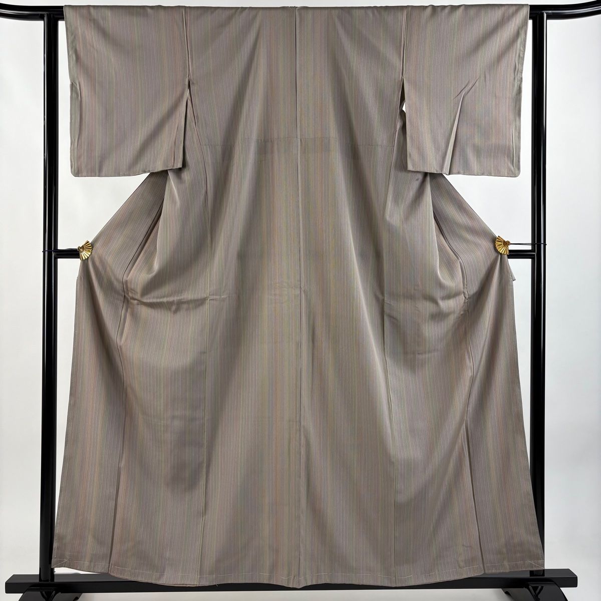 お召 身丈158.5cm 裄丈61.5cm S 袷 菱屋六右ヱ門 竹節縞 灰茶 正絹 名品