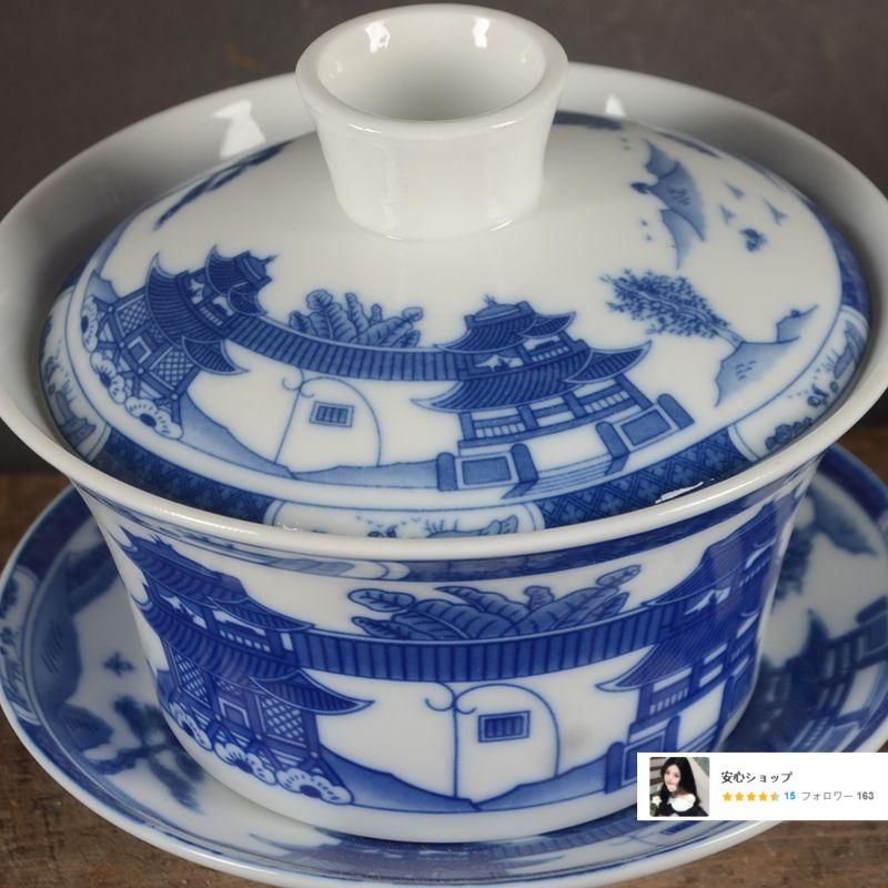景徳鎮陶磁器梧桐山水蓋碗 茶碗 煎茶器 茶道具 新品未使用