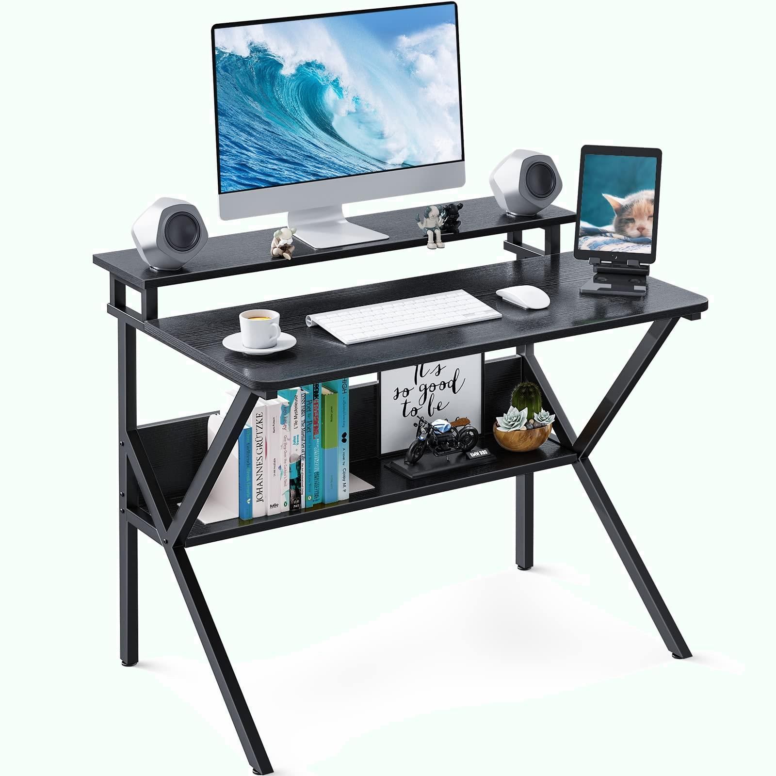 新着商品 コンパクト モニター台付き 幅70cm×奥行60cm パソコンデスク ゲーミングデスク 勉強机 小さい pcデスク computer desk 棚付き 机 テレワークデスク 省スペース 一人暮らし KKL 組立簡単 モニターアーム対応 ブラック