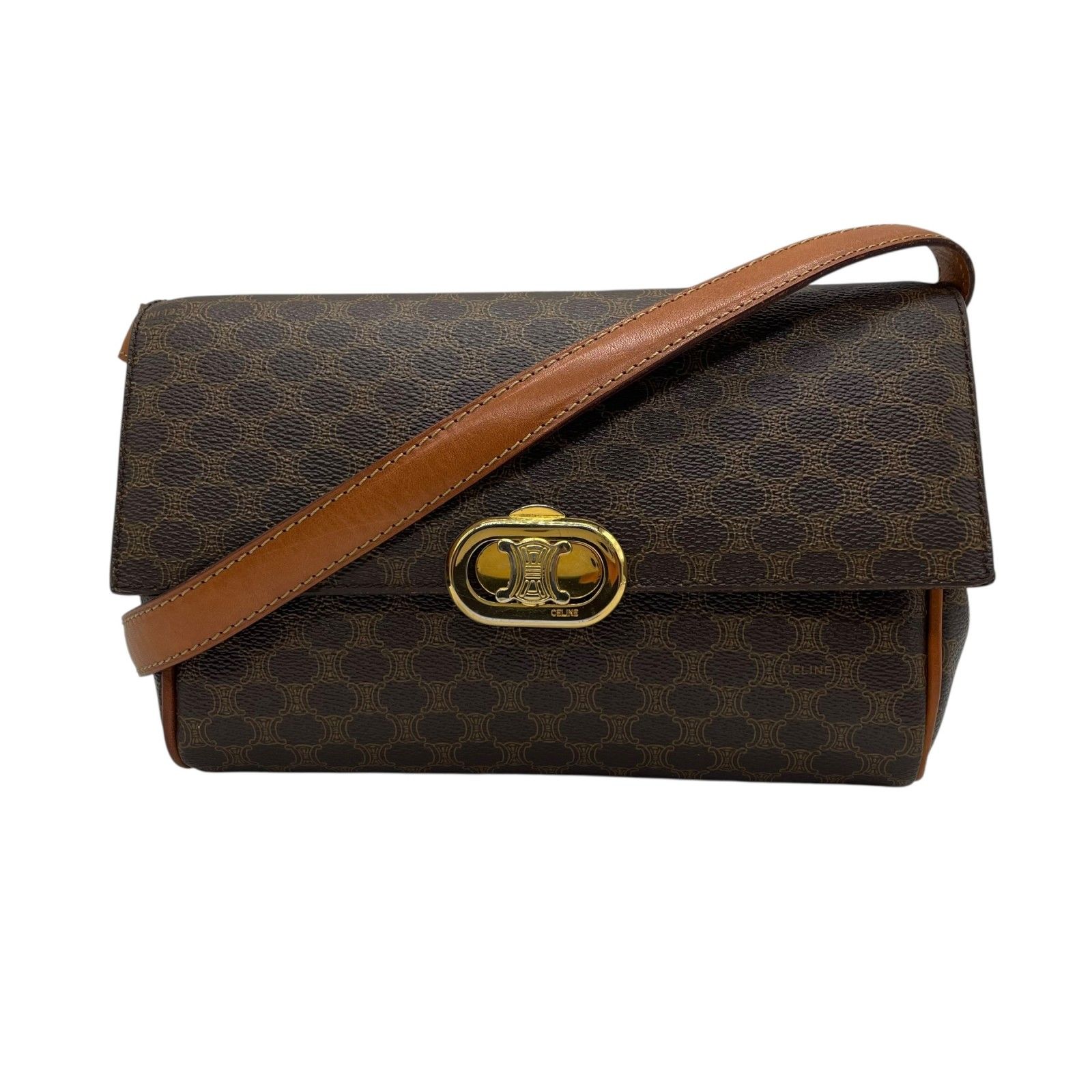 【正規品】セリーヌ ワンショルダーバッグ 黒マカダム ゴールド金具 ロゴ 茶 CELINE セリーヌ マカダム ショルダーバッグ ブラウン PVC