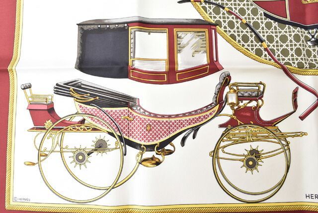 【美品】HERMESエルメススカーフカレ90 馬車モチーフ ボルドー/ホワイト エルメス スカーフ HERMES スカーフ カレ90 シルクツイル 馬車モチーフ
