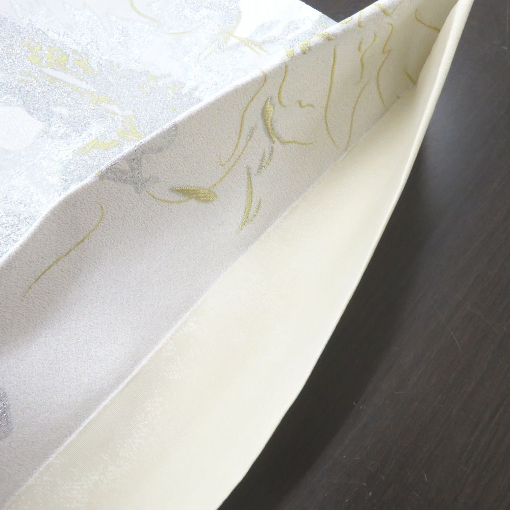 袋帯 振袖用 ホワイト×シルバー×ゴールド 花 六通柄 ポリエステル