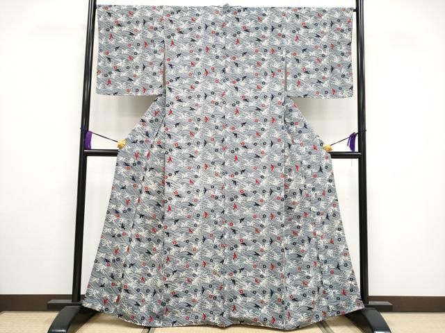 平和屋本店 上 浦野理一 型染 小紋 立波花鳥文 鬼しぼ縮緬 錫色地 CYAA3273s5