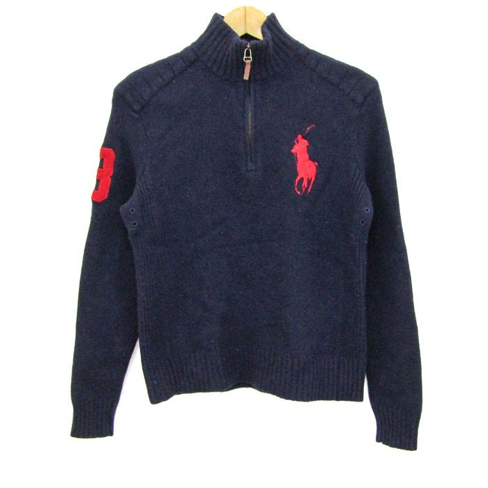 ポロバイラルフローレン ニット トップス ハーフジップ ビッグポニー ラムウール レディース Mサイズ 紺 Polo by Ralph Lauren