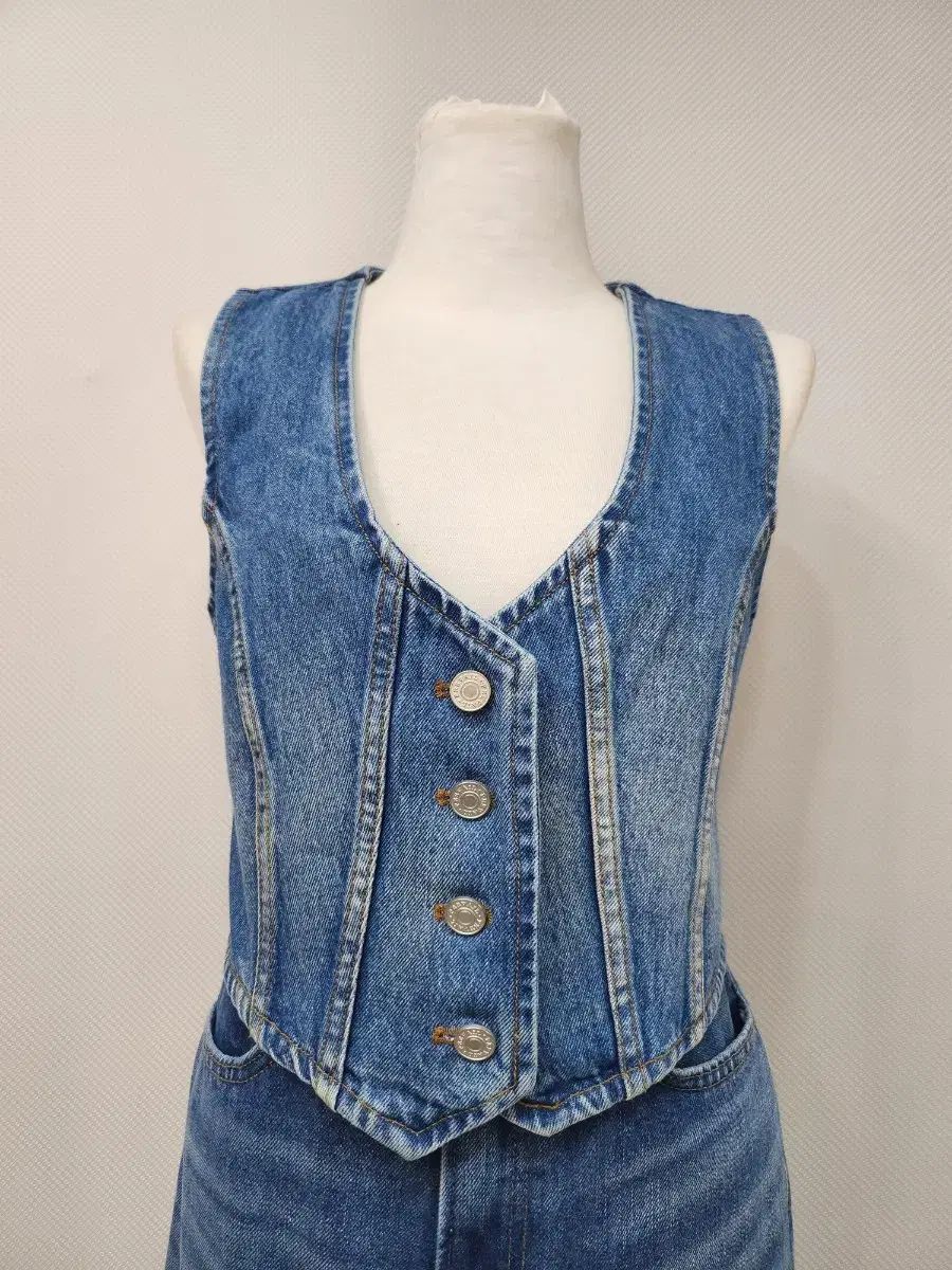 シースルー切り替えデニムノースリーブベスト デニムメッシュ