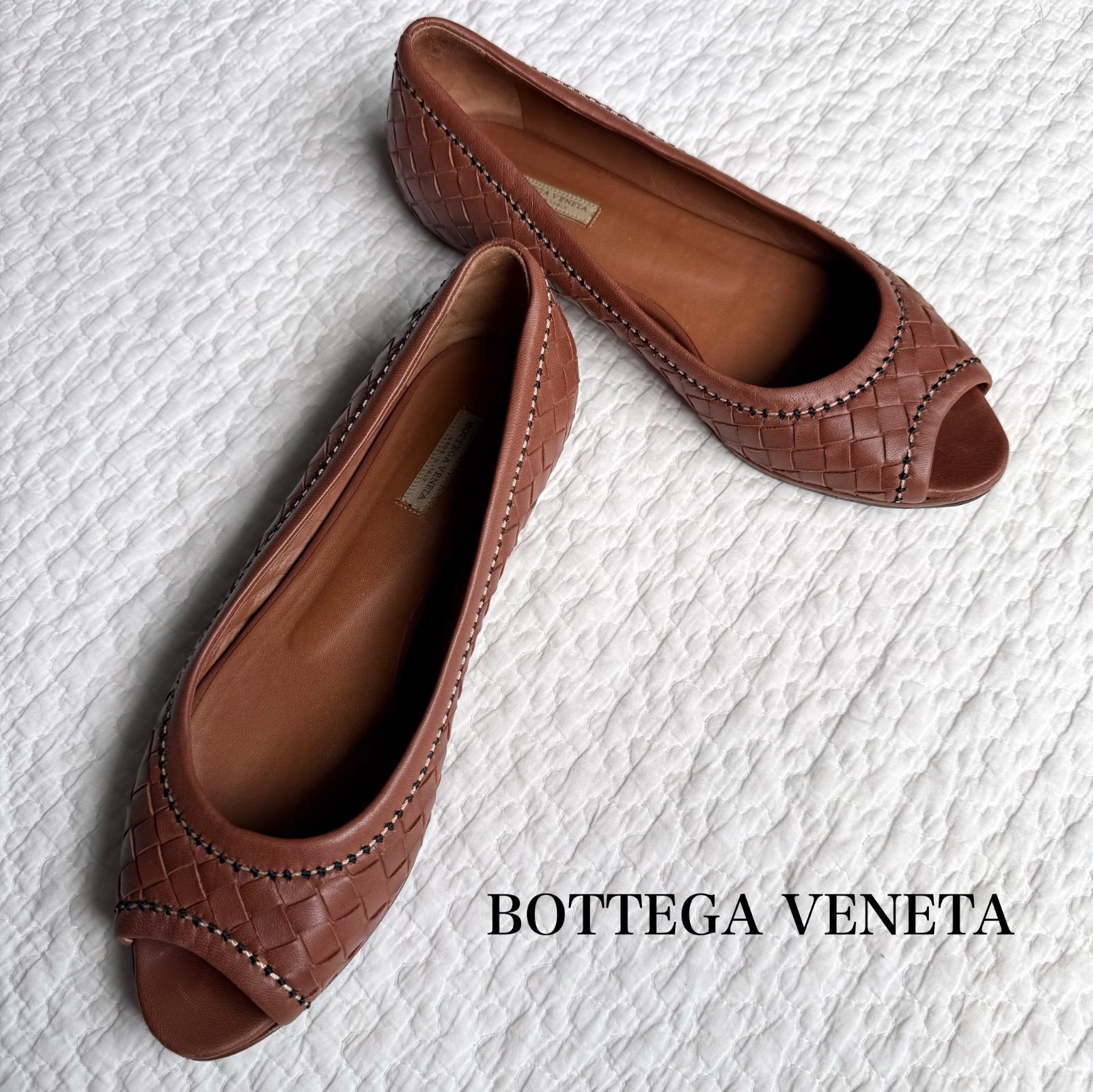 BOTTEGA VENETA ボッテガヴェネタ フラットシューズ パンプス イントレチャート ステッチ ブラウン 茶色 36 1|2 23.5cm レディース オープントゥ レザー