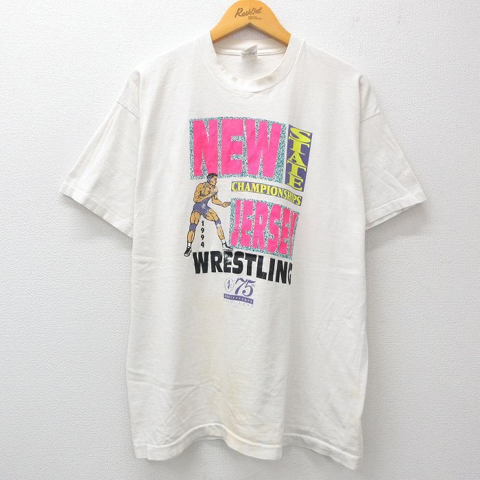 XL/古着 フルーツオブザルーム 半袖 ビンテージ Tシャツ メンズ 90s レスリング 大きいサイズ コットン クルーネック 白 ホワイト 24aug05 