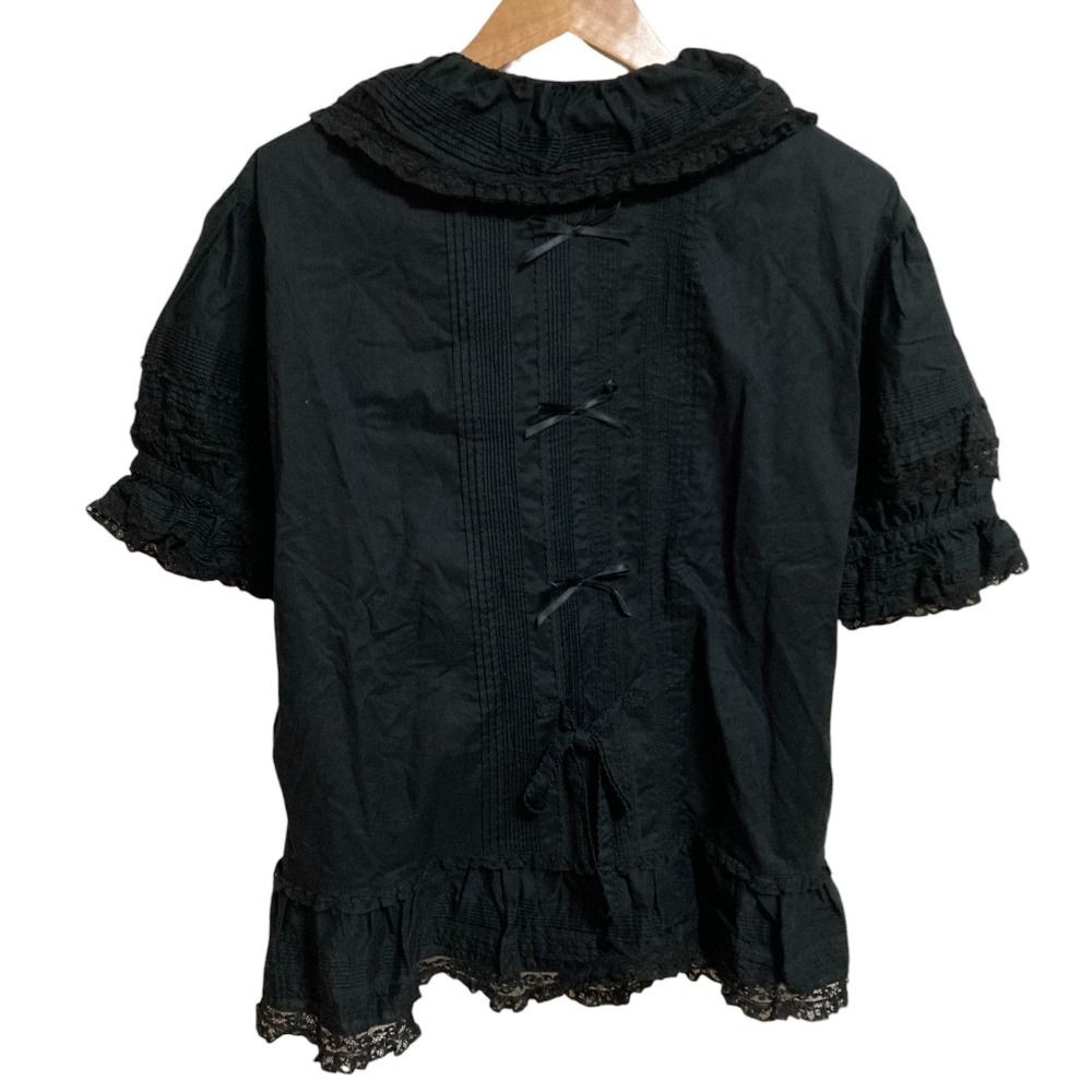 PINK HOUSE ピンクハウス リボン レース ショートスリーブ ラッフルフリル ブラウス シャツ ブラック レディース 古着