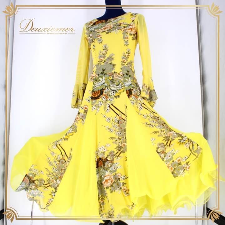 社交ダンス 衣装 ドレス ワンピース レッスンウェア レディース オールシーズン prima boutique プリマブティック イエロー系 黄色 華やか デザイン 花模様 二重スカート ポリエステル 伸縮性 女性用 結婚式 パーティー