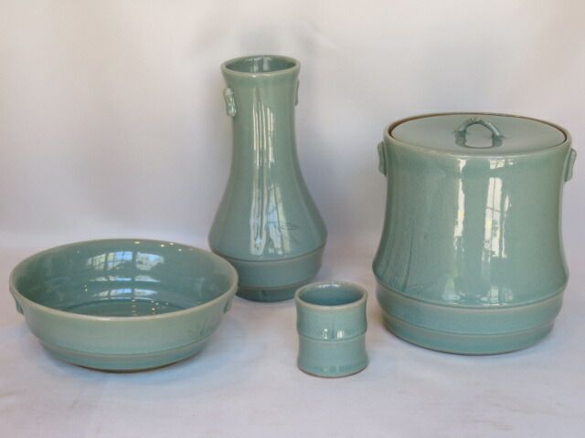 七月◇特売品）韓国如泉窯 李連休作 高麗青磁 竹紋 皆具 一揃