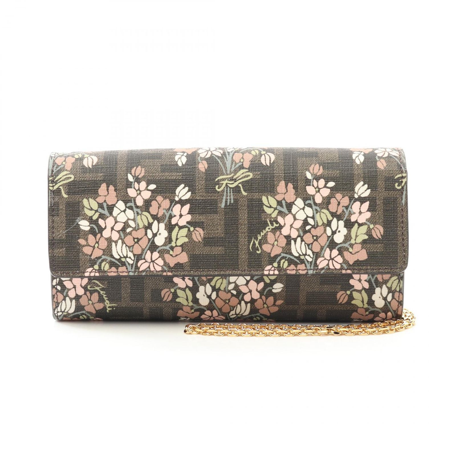 フェンディ FENDI 二つ折り長財布 チェーンウォレット 8M0365AURFF174H ブラウン PVCコーティングキャンバス チェーンウォレット レディース