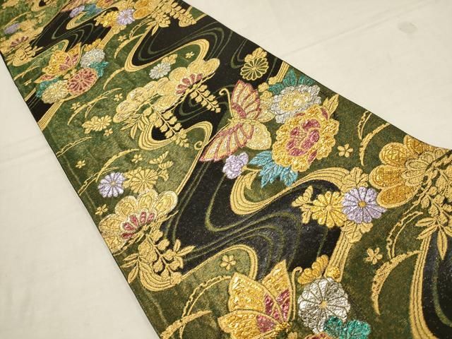 平和屋着物▽振袖用六通柄袋帯 流水花蝶文 金銀糸 正絹 逸品