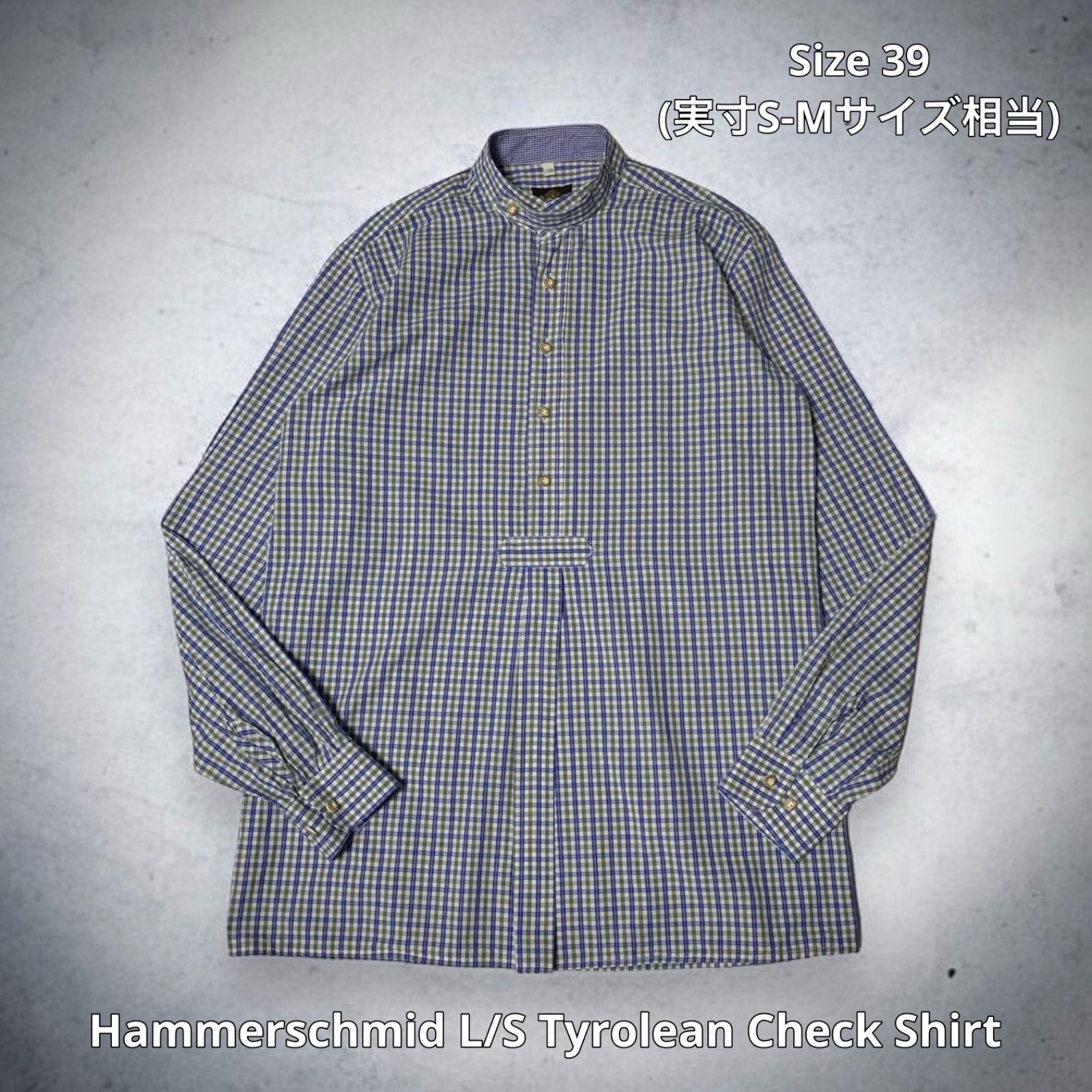 Hammerschmid L/S Tyrolean Check Shirt ハンマーシュミット チロリアンシャツ チェックシャツ プルオーバーシャツ 長袖 ライトグリーン ブルー ホワイト サイズ39 実寸S-M相当 ユーロ古着 チンストラップ スクエアカット