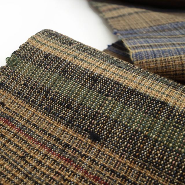 特価！新品 郡上紬反物「草木染 緑色地に多色の横段」着尺別誂 大島紬