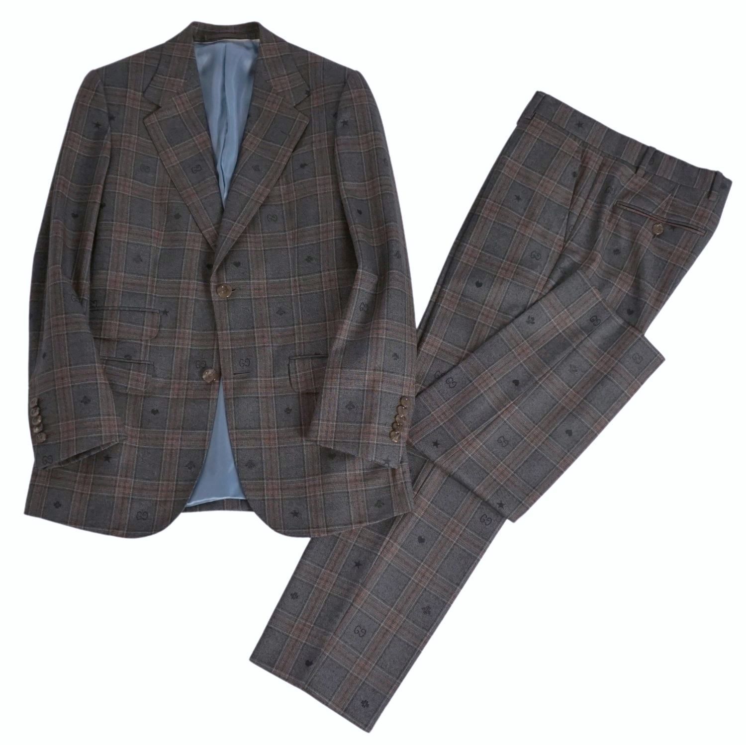 【極美品】GUCCI スーツ セットアップ グレンチェック ボタンフライ 50 極美品 グッチ GUCCI セットアップ スーツ シングル チェック ウール