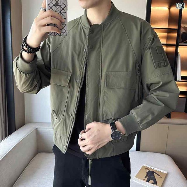 [M]メンズ 服 シンプル ファッション オシャレ 大人 かっこいい 大きいサイズ ストリート 紳士服 ライト ハイエンド ファッション ベースボール カラー ジャケット ワークジャケット 秋 無地 カジュアル アメリカン