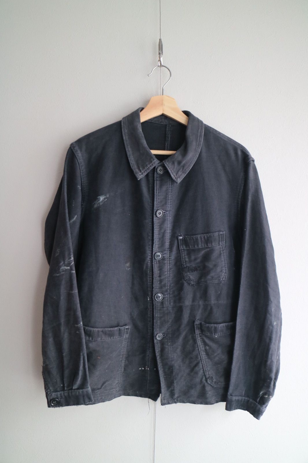 40s 50s French Vintage Black Moleskin Jacket ブラックモールスキン