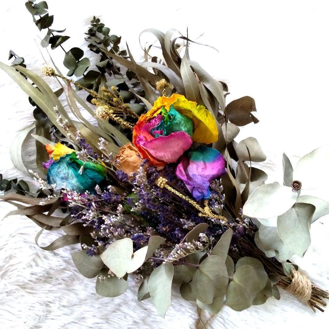 ドライフラワースワッグ☆薔薇レインボー☆ラベンダー☆ユーカリ