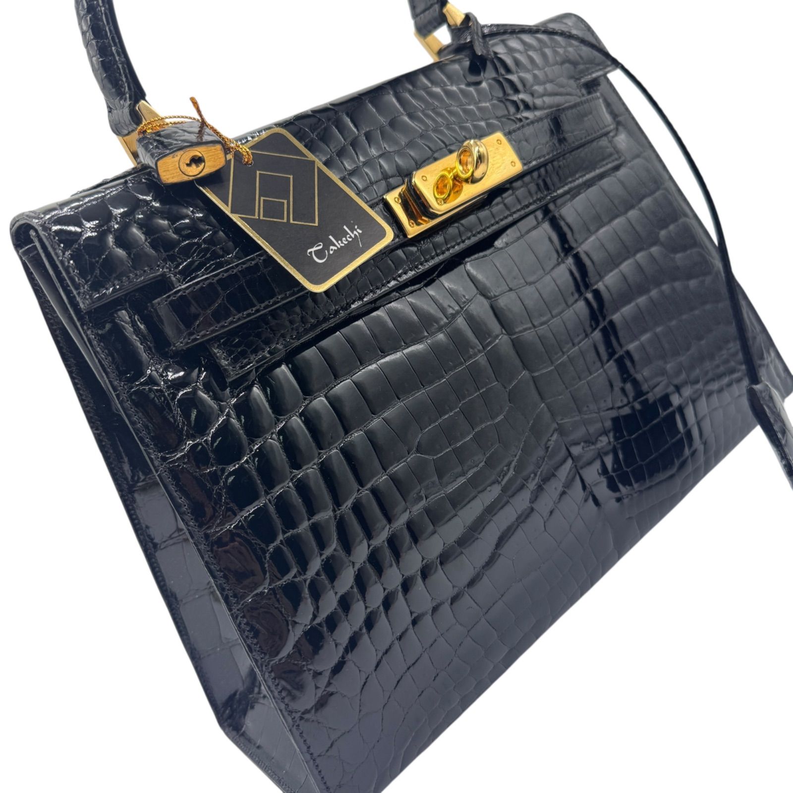 極美品✨シャイニング クロコダイル ハンドバッグ　ゴールド金具 穿孔 A4 緑 Crocodile - 極美品 クロコダイル シャイニング加工