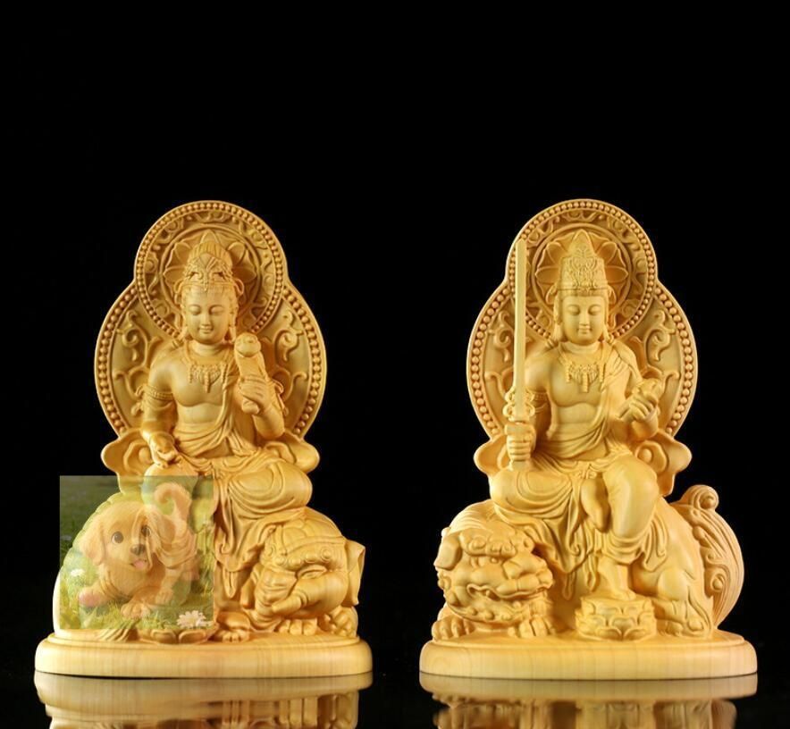 人気 文殊菩薩 普賢菩薩 木彫り 仏像 文殊菩薩像 普賢菩薩像 座像 仏教美術 置物 木彫 仏像 黄楊木