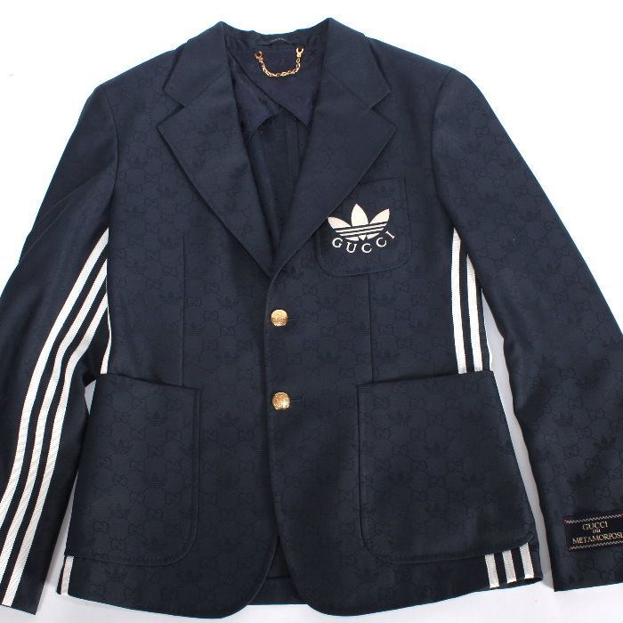 adidas x Gucci アディダス グッチ コラボ 限定 GG シングルブレスト ジャケット ダークブルー 720968 zakqk 4433 GG トレフォイル ウェブ スリーストライプス アウター ブルゾン メンズ