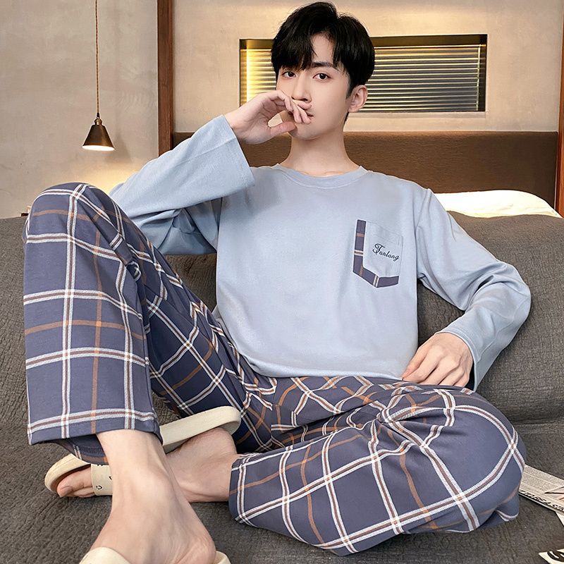 部屋着 メンズ 上下セット パジャマ ルームウェア Tシャツ 男子 セットアップ ロングパンツ カジュアル おしゃれ 長袖 チェック柄 丸首 コンフォート 綿  nee3c479272