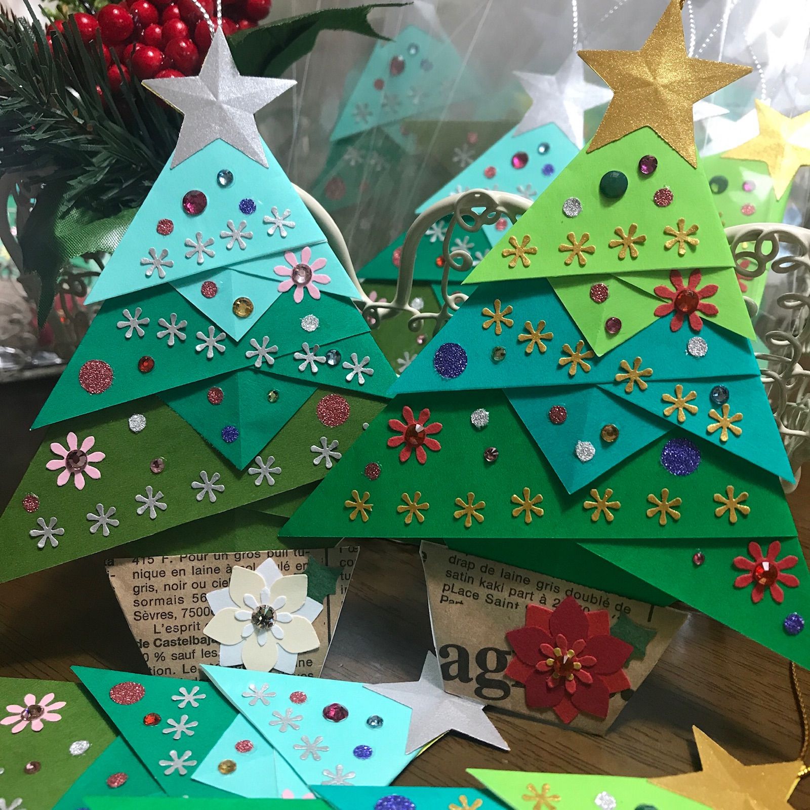 折り紙クリスマスツリー飾り2023メッセージカード15セット - 年中行事