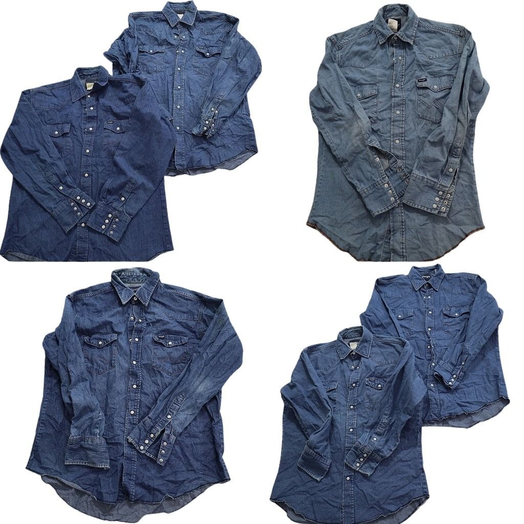 古着卸 まとめ売り ラングラー デニム ウエスタンシャツ 6枚セット (メンズ S /M /L ) 80s フェード インディゴブルー 中古 古着 MY4799