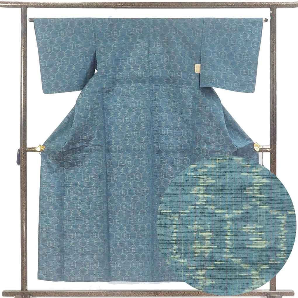 紬 身丈154cm 裄64cm 前幅26cm 後幅30.5cm 袖丈45cm 袖幅32cm レディース 単衣 亀甲 裄Mサイズ 初夏 初秋用 正絹 シルク ブルー リメイク リユース リサイクル 呉服のきくや