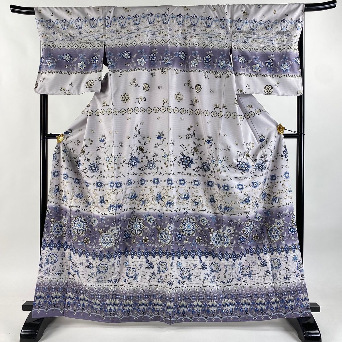 訪問着 身丈164.5cm 裄丈68.5cm L 袷 大島紬地 証紙 華文 花唐草 刺繍 金彩 薄紫 正絹