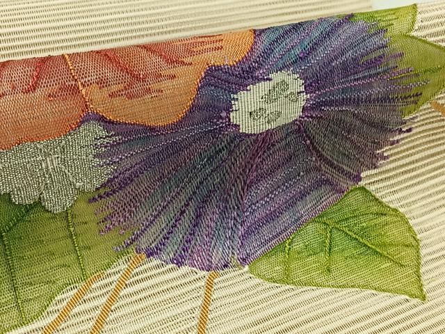 平和屋着物＊夏物 絽綴れ 八寸名古屋帯 草花文 銀糸 正絹 逸品