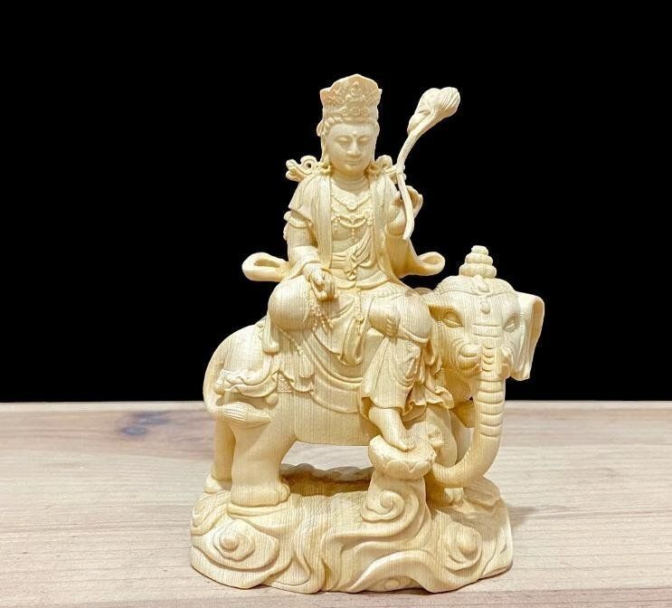 ☆珍品 天然木 木彫仏像 文殊菩薩 普賢菩薩 座像 檜木 一式 彫刻