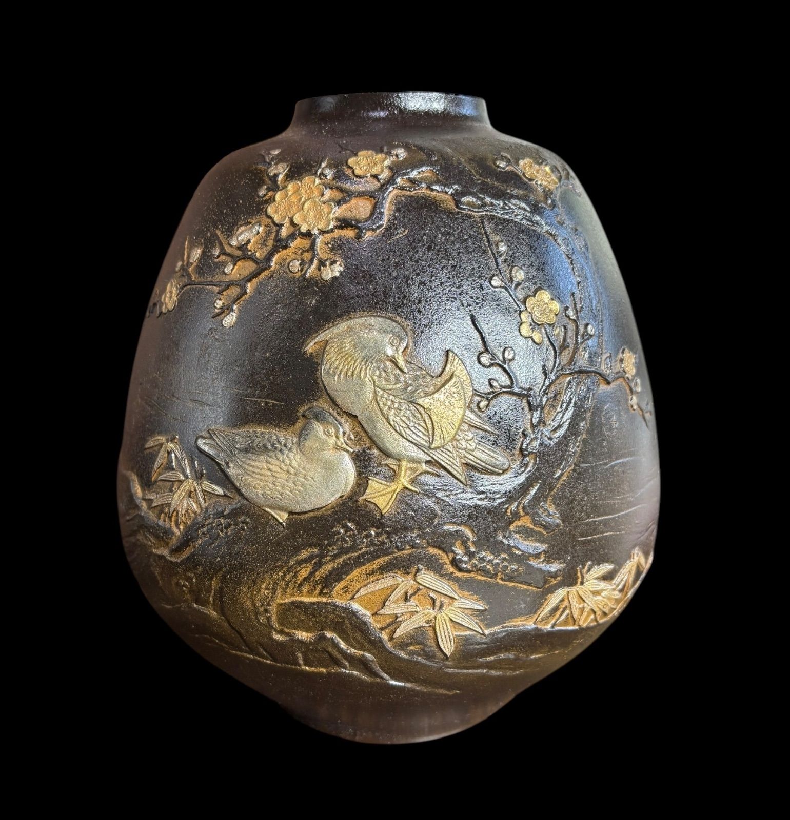 青銅 花瓶 龍仙作 梅鳥図 陶芸 おしどり 花 フラワーベース 壺 花入れ