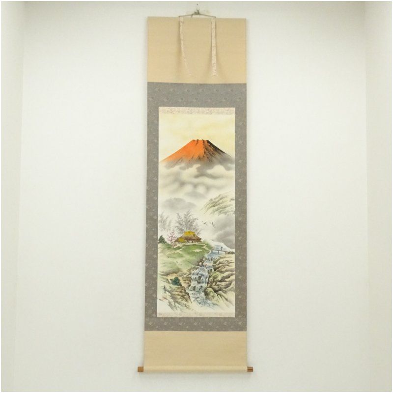 至道筆 赤富士 肉筆絹本掛軸掛け軸 床の間 書 おしゃれ 絵画